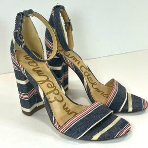 Sam Edelman Susie Stripe Denim Open Toe Block Heel Sandal Blue/Red/White Sz 5